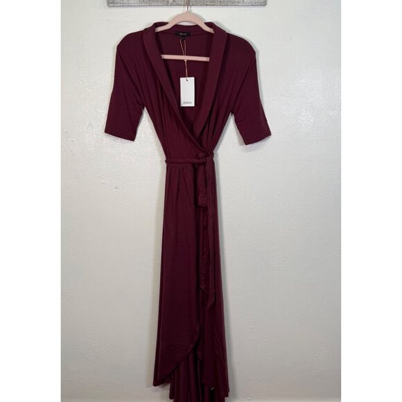 NWT Quince Tencel Jersey Midi Wrap Dress Wine Basic Sleeved Small Classic - Picture 3 of 13